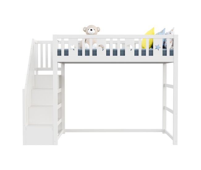 Cama alta infantil 90x200 - com escada, estrutura em madeira maciça, com corrimão de segurança, decoração com estrelas e lua - branco