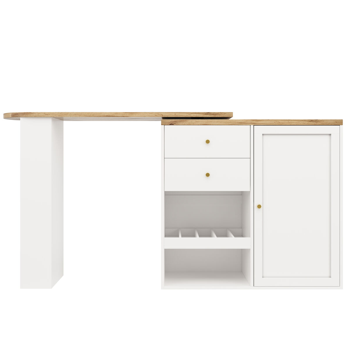 Mesa de bar giratória 105x39x102 cm - com 2 gavetas e armário com porta deslizante, 3 níveis de armazenamento aberto - branca