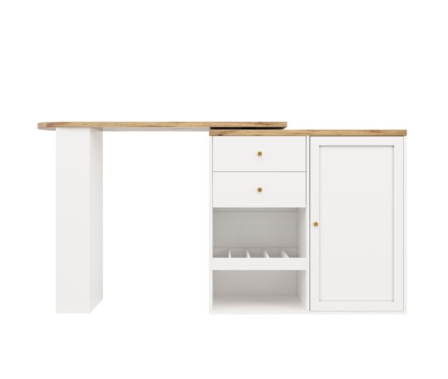 Mesa de bar giratória 105x39x102 cm - com 2 gavetas e armário com porta deslizante, 3 níveis de armazenamento aberto - branca
