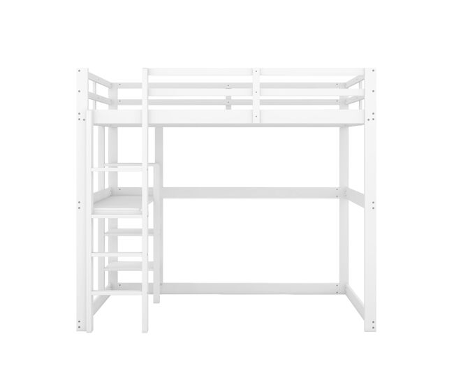 Cama alta infantil 140x200 cm - estrutura em pinho com arrumação, 4 prateleiras e secretária - branco