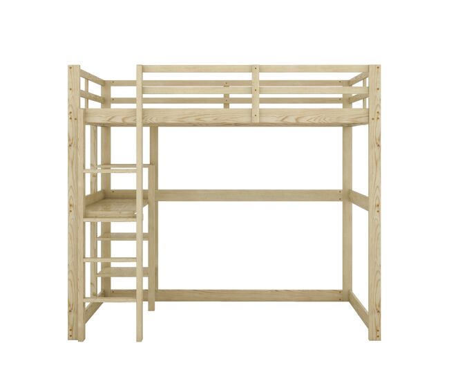 Cama alta infantil 140x200 cm - estrutura com arrumação, 4 prateleiras e secretária - natural