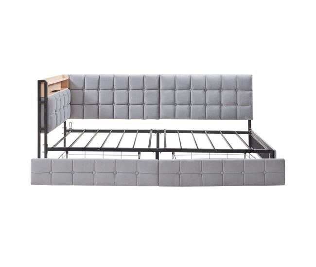 Sofá-cama 90x200 cm - com 2 gavetas, candeeiro de cabeceira led, portas usb e tipo-c - cinza claro