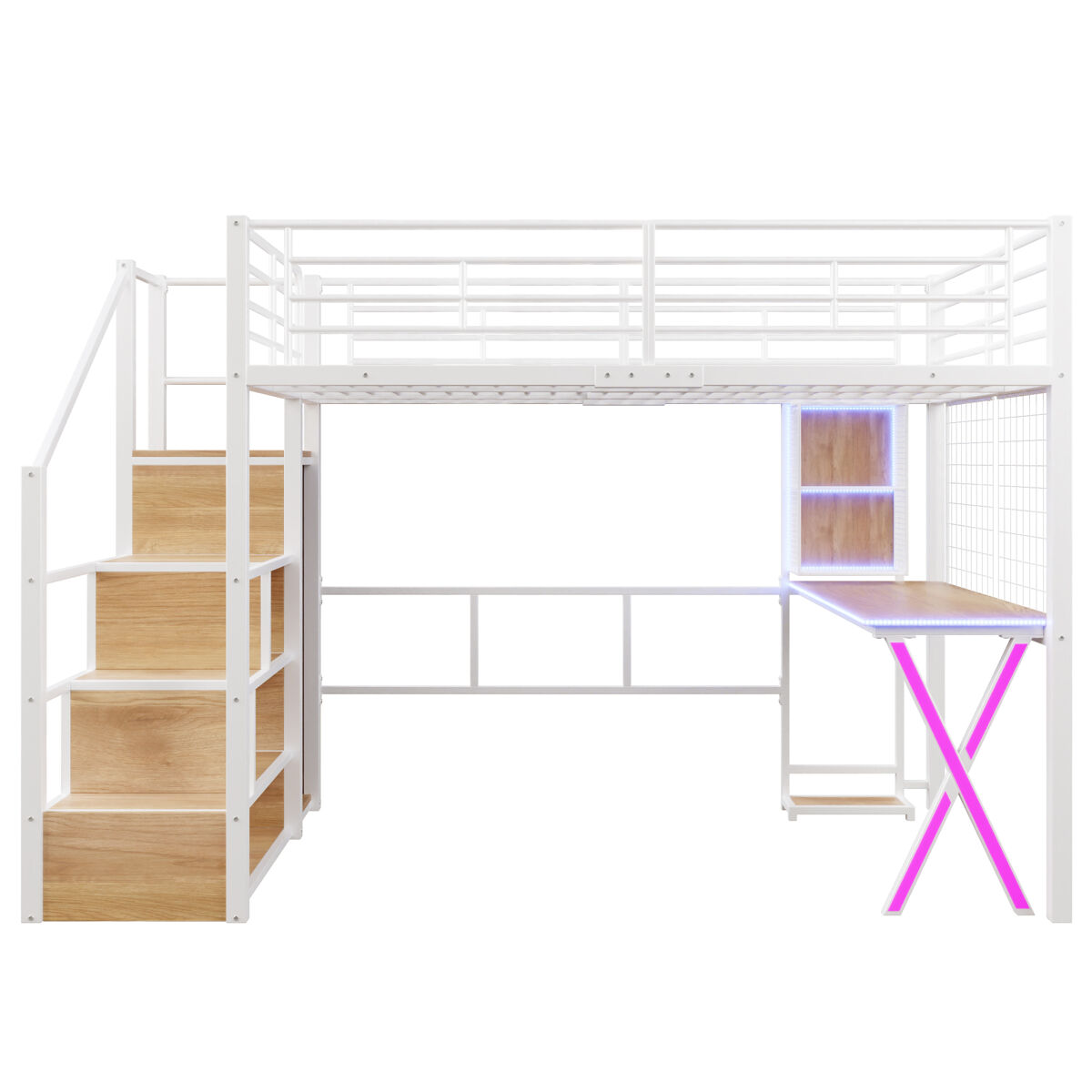 Cama alta 140x200 cm - com led, escada de arrumação, secretária, armário, prateleiras - branco