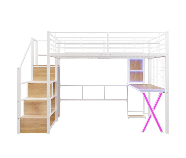 Cama alta 140x200 cm - com led, escada de arrumação, secretária, armário, prateleiras - branco