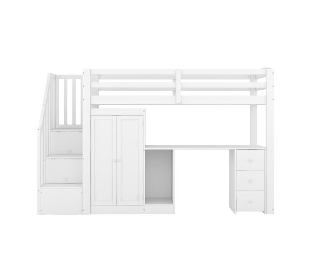 Cama alta 90x200 cm - cama com estrado, armário, escada, secretária, gavetas - branco