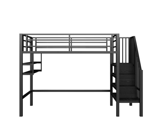 Cama alta 90x200cm - étagère, escada de arrumação, espaço livre para vestir-se, corrimão - noir
