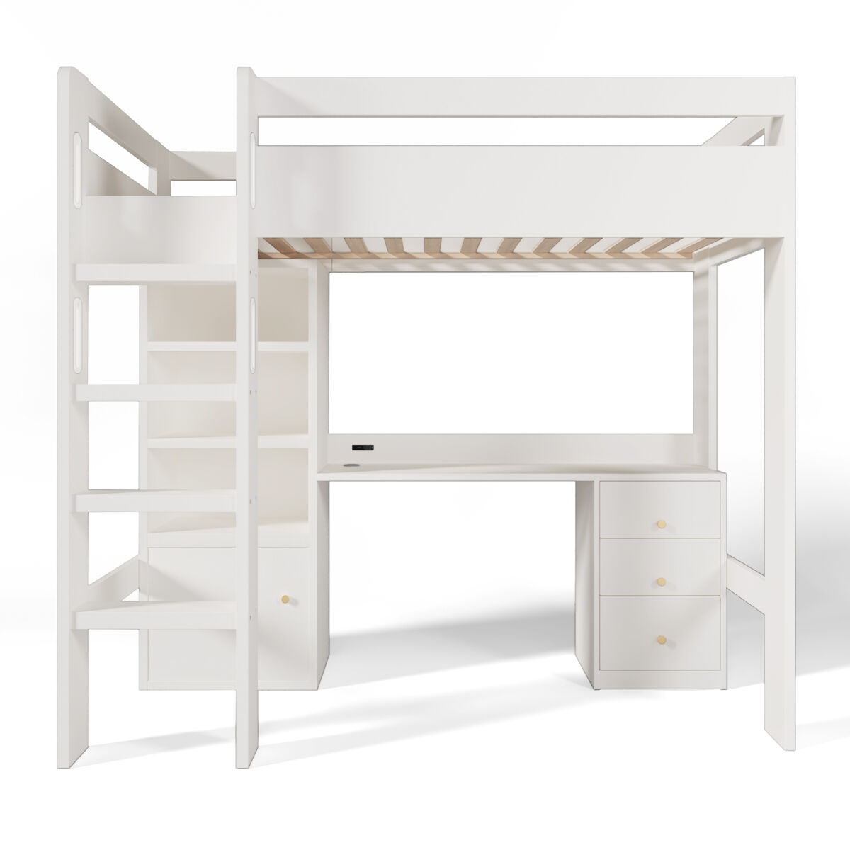 Cama infantil loft 90x200 - com secretária usb-c, armário, gaveteiro, escada, estrado e arrumação - sem colchão