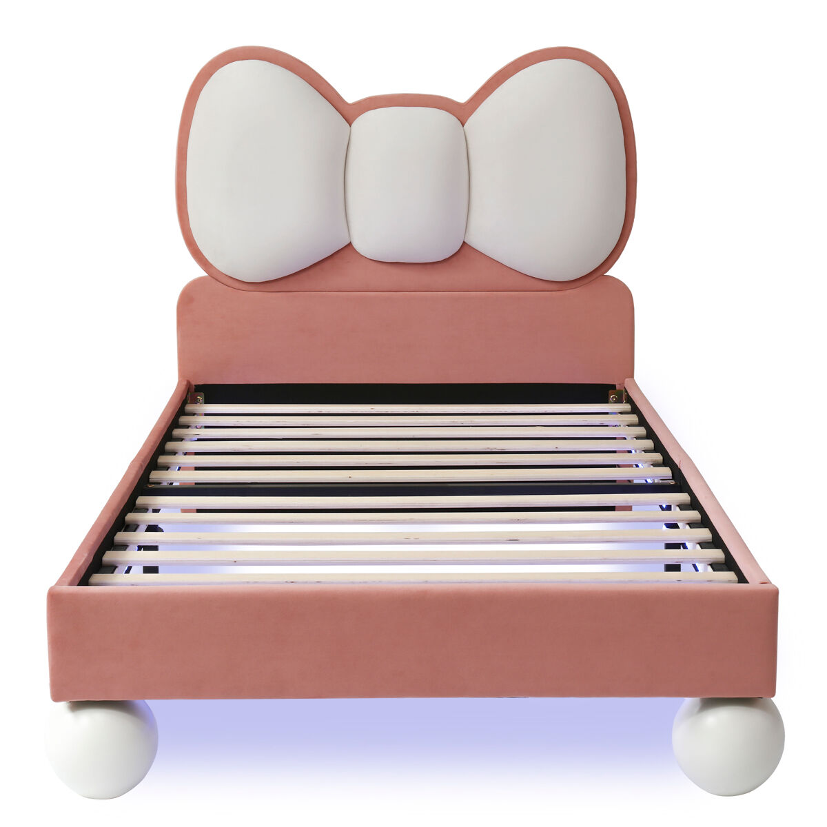 Cama individual 90x200 - cabeceira em forma de laço, led ajustável, estrutura estável, design elegante - bege + rosa