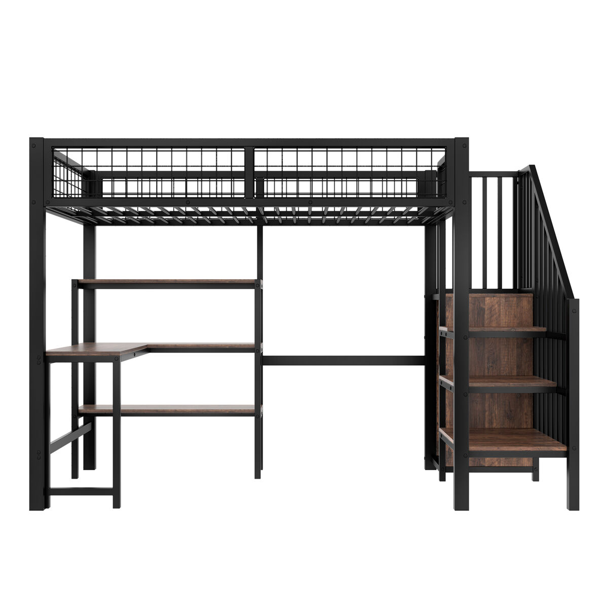 Cama alta 90x200 cm - estrutura em ferro, secretária inferior, várias prateleiras, armário embutido, sem colchão - preto