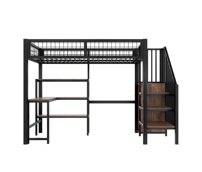 Cama alta 90x200 cm - estrutura em ferro, secretária inferior, várias prateleiras, armário embutido, sem colchão - preto