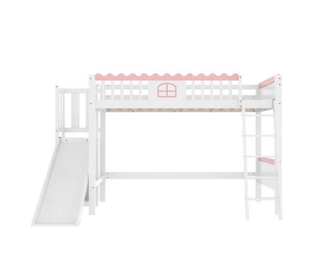 Cama alta 90x200 cm - individual, sem colchão, com luzes led, prateleiras e escorregador, certificada en747, madeira de pinho - branca