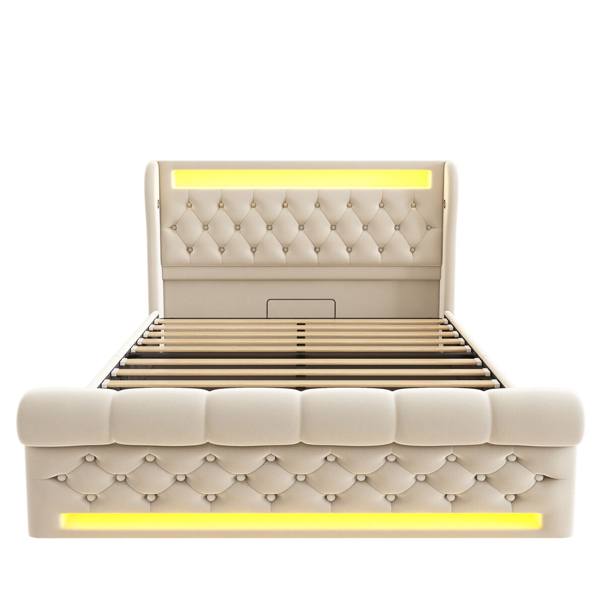 Cama estofada 160x200cm - cama com luzes led, cabeceira com arrumação, portas usb e tipo-c, cama hidráulica - bege
