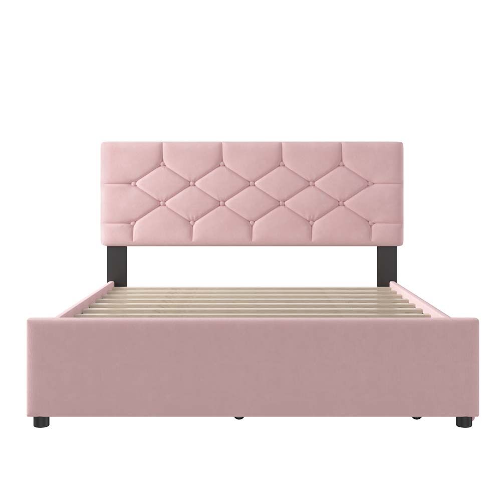 Cama estofada 140x200 cm - com estrado, sem colchão, com gaveta com rodízios, veludo, minimalista - rosa