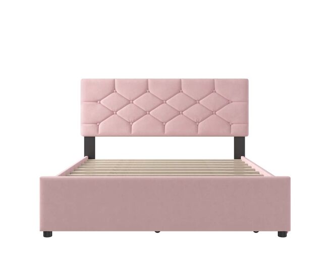 Cama estofada 140x200 cm - com estrado, sem colchão, com gaveta com rodízios, veludo, minimalista - rosa