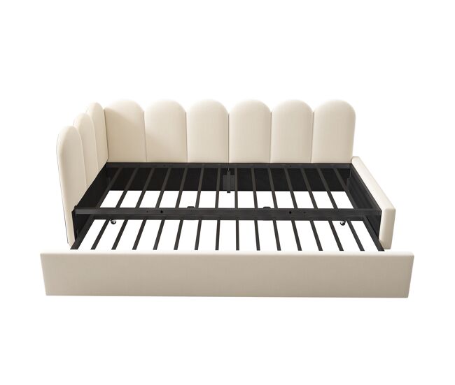 Cama divã 90x200 cm - sofá-cama com cama extraível 90x190 cm, cama infantil com estrado de ripas, veludo - bege