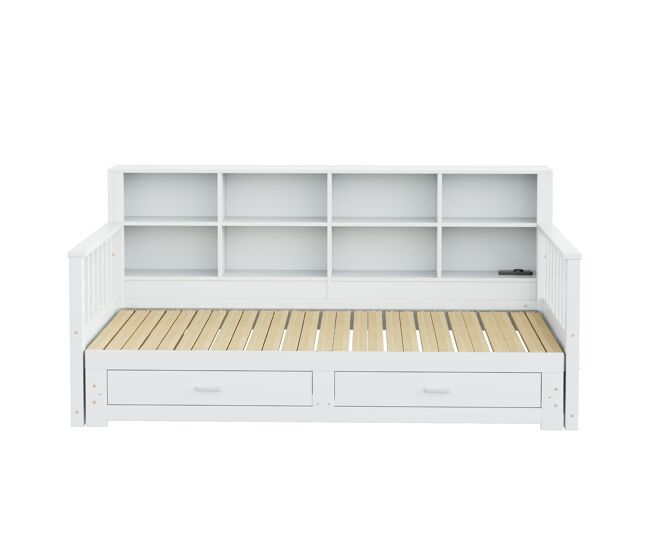 Sofá-cama extensível 90/180x190 cm - com arrumação e tomada no braço, 2 gavetas e estrado - branco