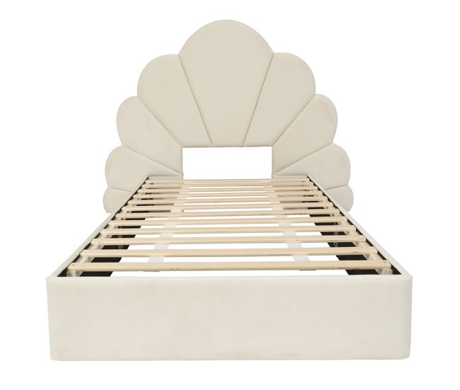 Cama individual 90x200 - cabeceira com pétalas curvas, estilo moderno, confortável, veludo - bege
