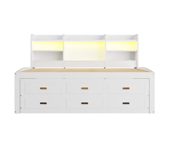 Sofá-cama, 90 x 200 cm - com controlo remoto led, 3 gavetas, mesa de cabeceira, cama extensível multifuncional com usb + tipo c - branco