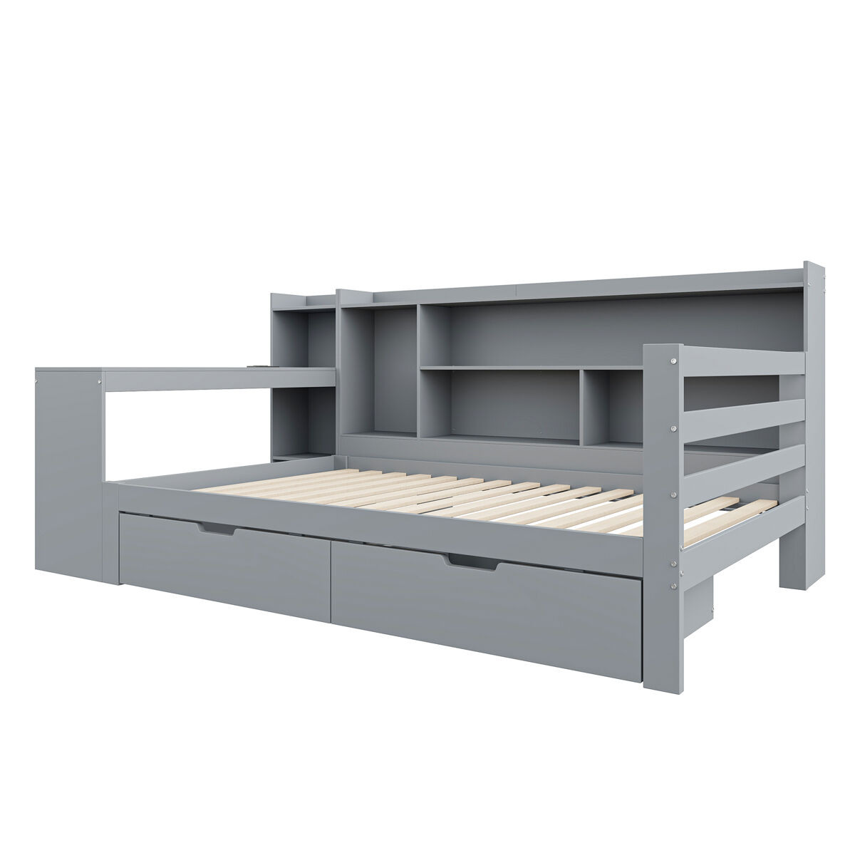 Sofá-cama 90 x 200 cm - com secretária, estante, compartimentos e tomada elétrica - cinza