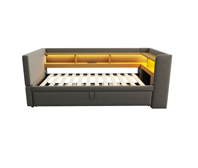 Sofá-cama extensível 90/180*190 cm - com luzes led, tomadas e compartimentos de arrumação - cinza escuro