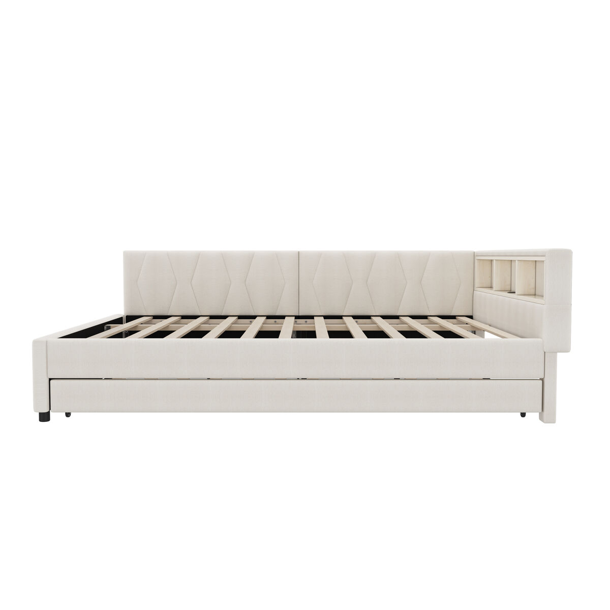 Cama de dia 140x200cm - sofá-cama, compartimento de arrumação, usb+tipo c, controlo remoto para luz led, cama extensível, com estrado, lençóis - bege