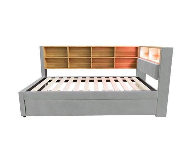 Sofá-cama 90x200 - cama extensível 90x190, com luzes led, tomadas e compartimentos de arrumação - cinza claro