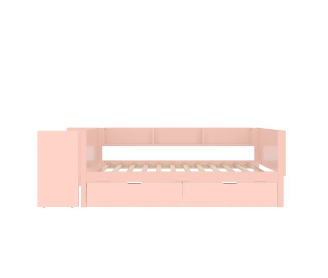 Cama individual 90x200cm - com secretária, 2 gavetas, prateleiras, madeira de pinho + mdf - rosa