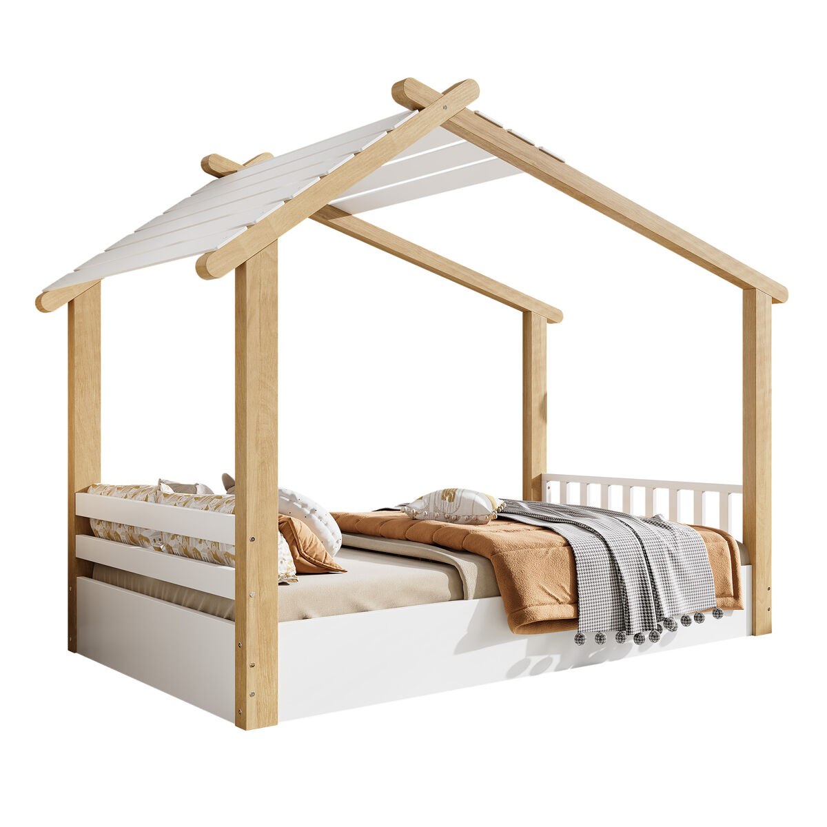 Cama-casa,cama de criança de madeira de pinho 90x190cm,branco+natural