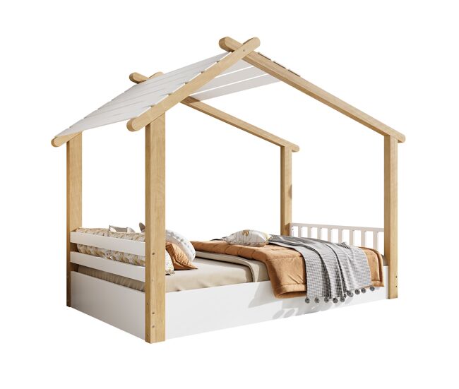 Cama-casa,cama de criança de madeira de pinho 90x190cm,branco+natural