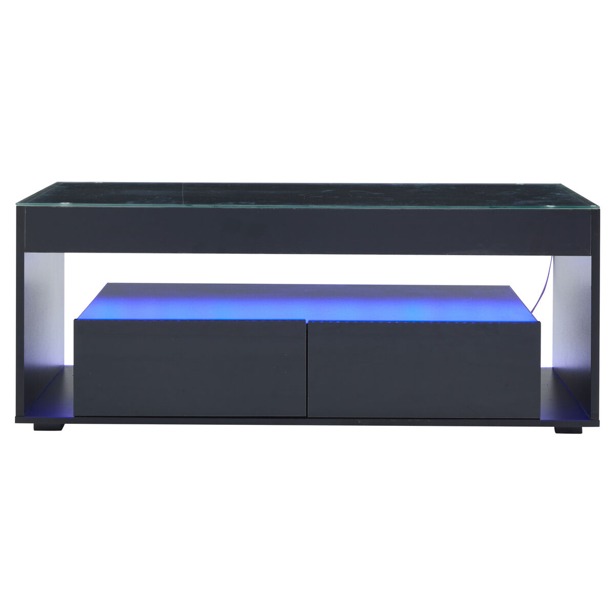 Mesa de café retangular - 16 cores led, 2 gavetas grandes, design de 2 camadas - preto