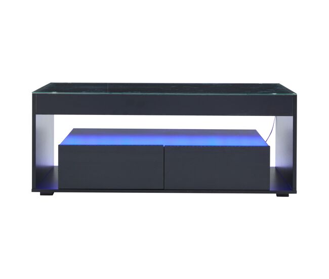 Mesa de café retangular - 16 cores led, 2 gavetas grandes, design de 2 camadas - preto