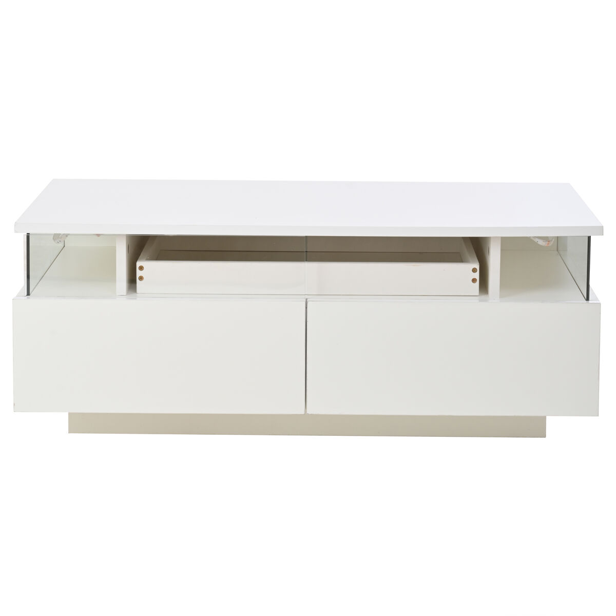 Mesa de centro 90 x 45 x 35,5 cm - com bandeja, 2 gavetas, vidro temperado, luz led - branco