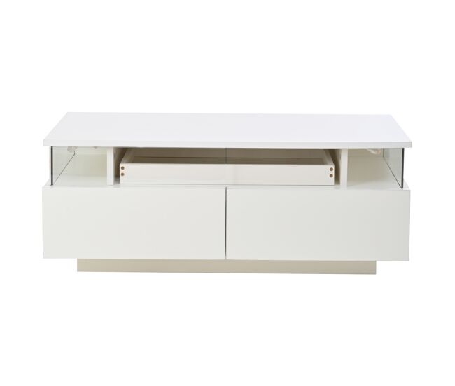 Mesa de centro 90 x 45 x 35,5 cm - com bandeja, 2 gavetas, vidro temperado, luz led - branco