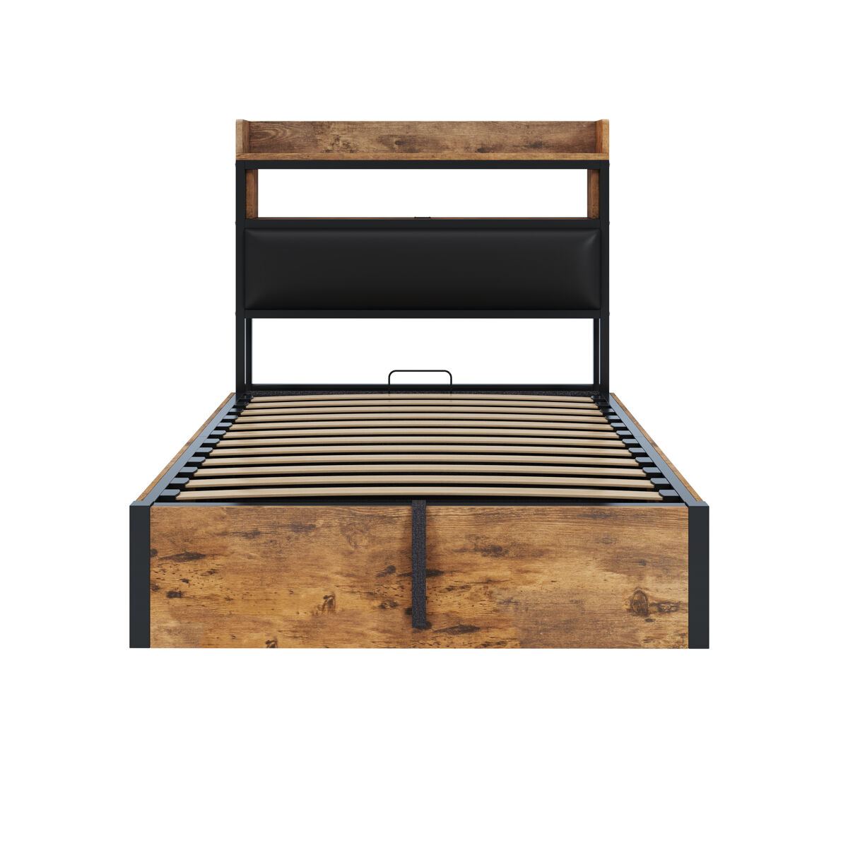 Cama individual 90x200 - com mecanismo hidráulico, usb, cabeceira acolchoada, design retro em madeira e metal, camada de armazenamento oculta - preto