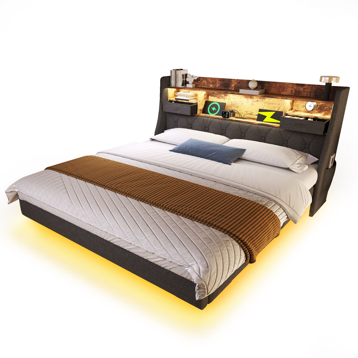 Cama de casal de linho 160x200cm com luz led,cinza