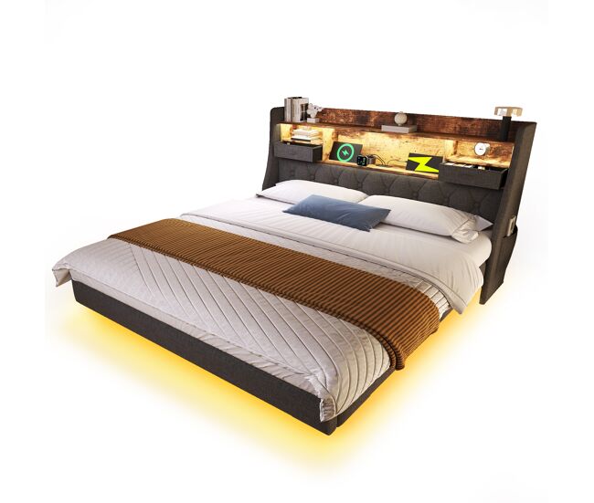 Cama de casal de linho 160x200cm com luz led,cinza