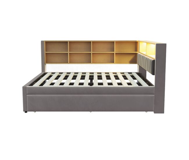 Sofá-cama 140x200 - cama extensível 90x190, com luzes led, tomadas e compartimentos, sofá multifuncional, cama individual, flanela - cinza escuro