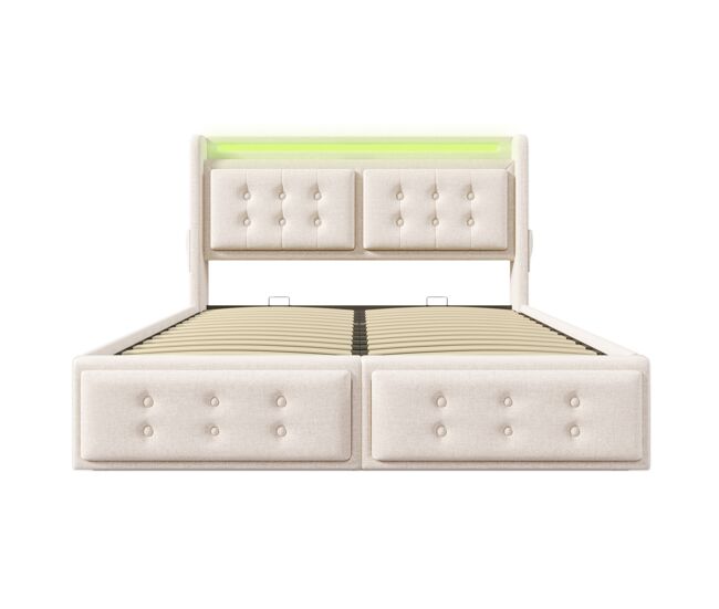 Cama de casal estofada 140x200 - cabeceira led, carregamento usb c, armazenamento hidráulico - bege