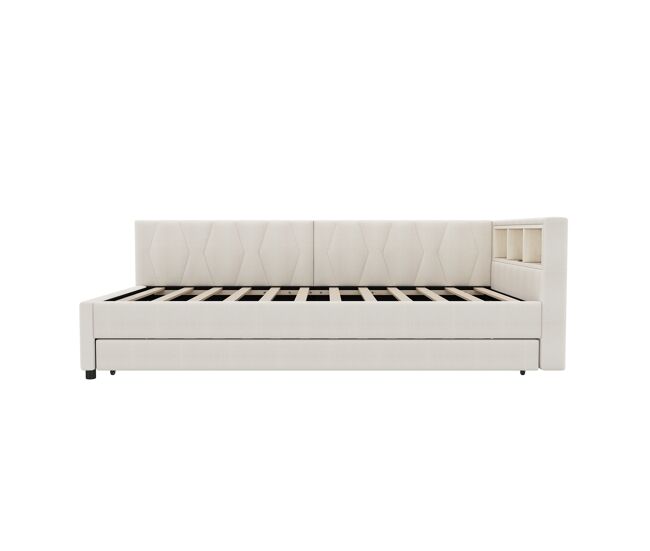 Cama daybett 90x200cm - sofá-cama, compartimento de arrumação, usb+tipo c, controlo remoto para luz led, cama extensível, linho, bege