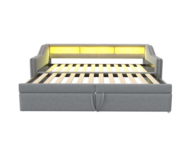 Cama ninho 90/180 x 200 cm - sofá-cama extensível, com arrumação, luz led e porta usb, com estrado - cinza claro
