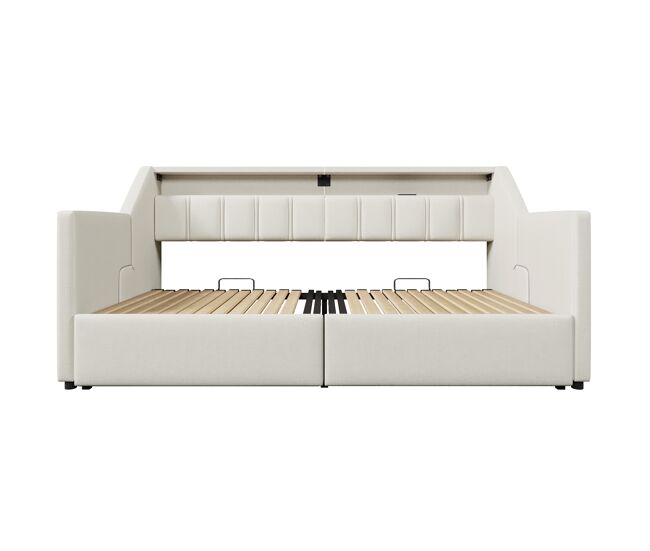 Sofá-cama, 90 x 200 cm - com usb e type-c, faixa led com controle remoto, 2 gavetas, bolsos de armazenamento, cama extensível multifuncional - bege