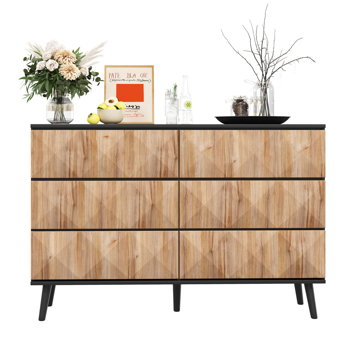 Cômoda dupla de mdf com 6 gavetas,preto+natural