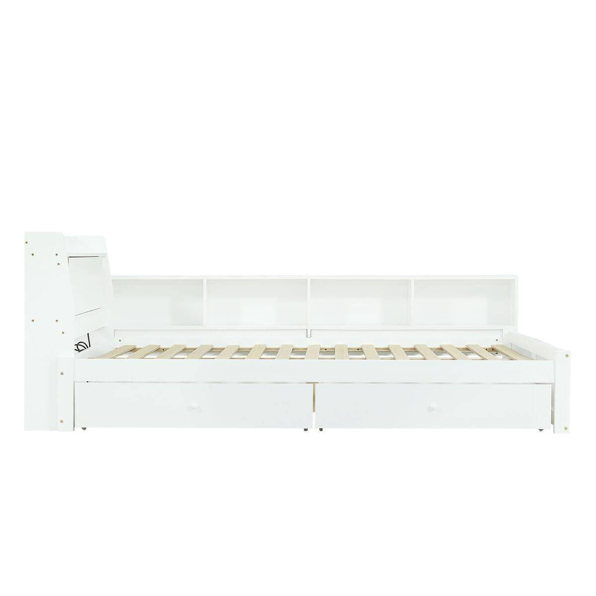 Cama de casal 140x200 - cabeceira com prateleira e 2 luzes, porta de carregamento, armários e gavetas laterais - branco