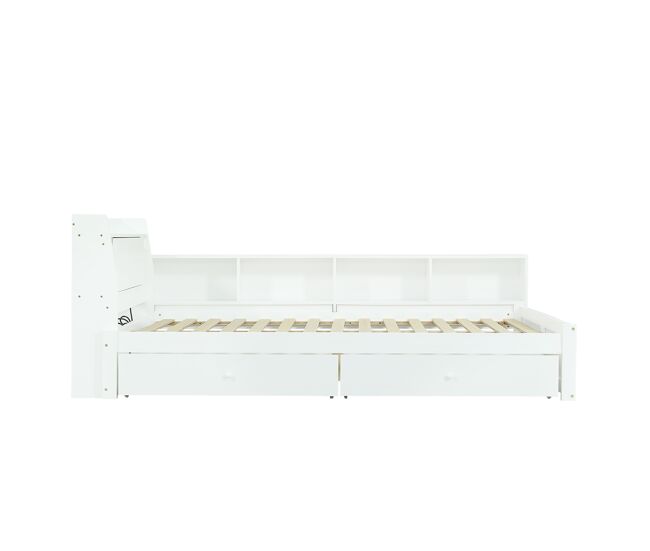 Cama de casal 140x200 - cabeceira com prateleira e 2 luzes, porta de carregamento, armários e gavetas laterais - branco