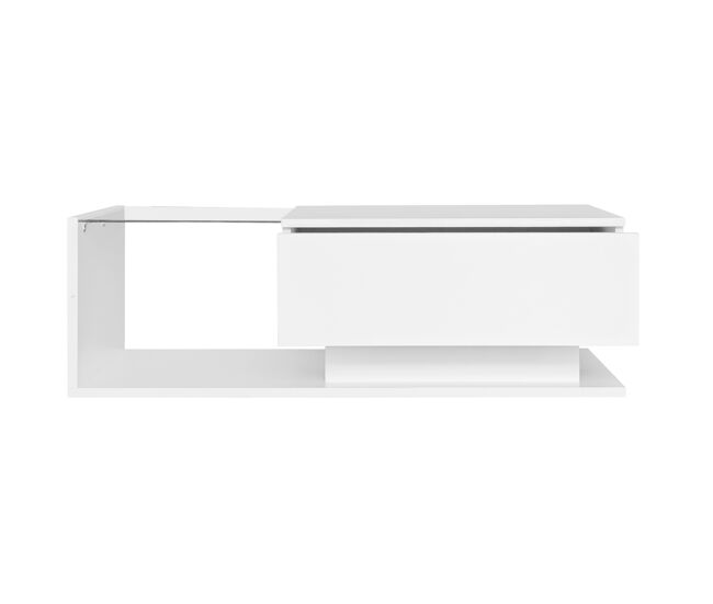 Mesa de centro 100x50x32 cm - com tampo de vidro e gavetas, resistente a riscos, com 1 gaveta, com iluminação led, estilo moderno - branco hochglanz