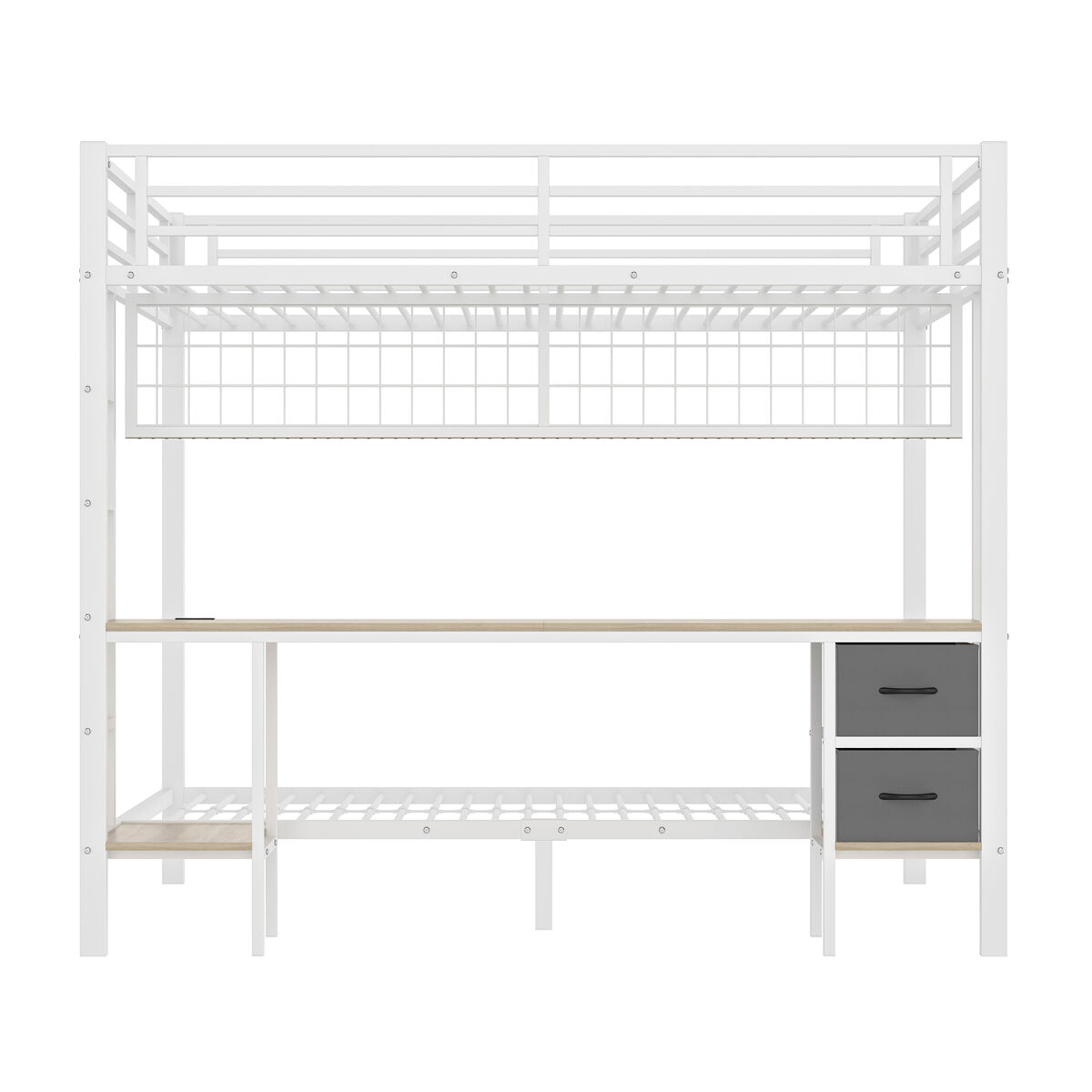 Beliche alto 90x200 e 140x200 - estrutura em metal, gavetas, prateleiras, grade para pendurar objetos, secretária, com faixa led de 7 cores, porta usb