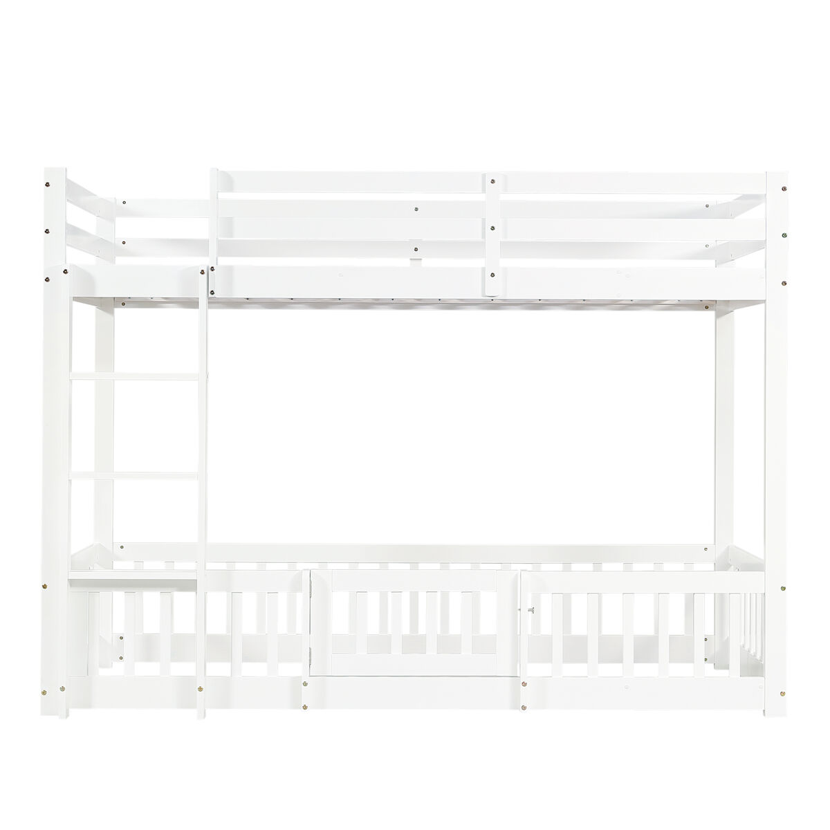 Beliche 90x200 - cama de madeira com escada em ângulo, corrimão e porta, proteção contra quedas, espaço livre por baixo - branco