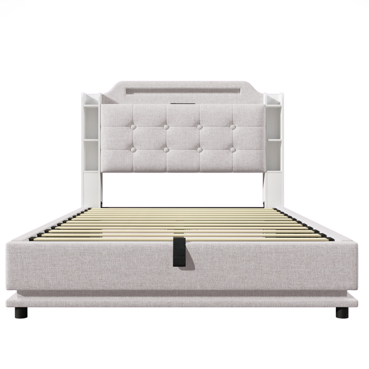 Cama estofada 140*200 cm - com barra led, espaço de armazenamento hidráulico, vários compartimentos, sem colchão, usb + type-c - bege