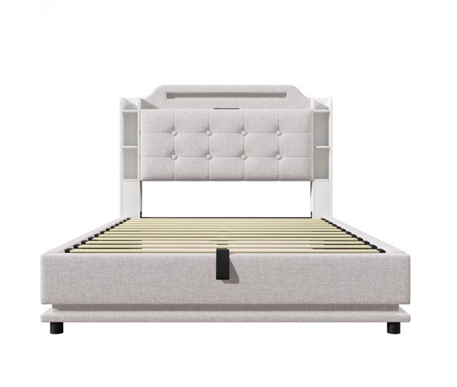 Cama estofada 140*200 cm - com barra led, espaço de armazenamento hidráulico, vários compartimentos, sem colchão, usb + type-c - bege