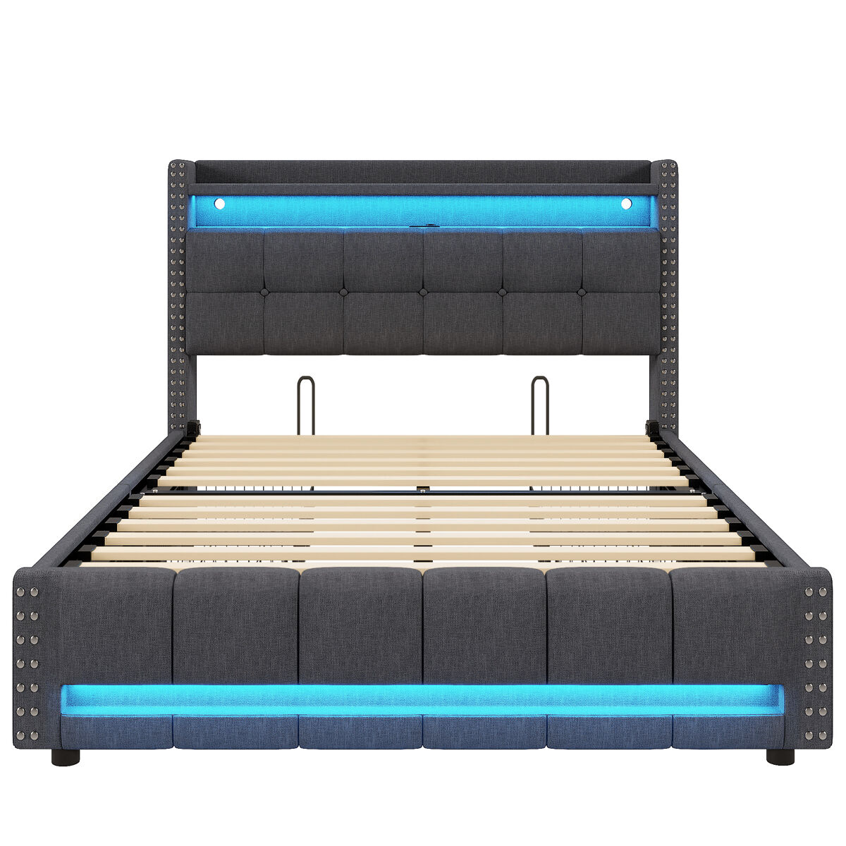 Cama estofada 160*200 - com iluminação led, porta usb, cabeceira com prateleiras e arrumação, 4 gavetas - cinza